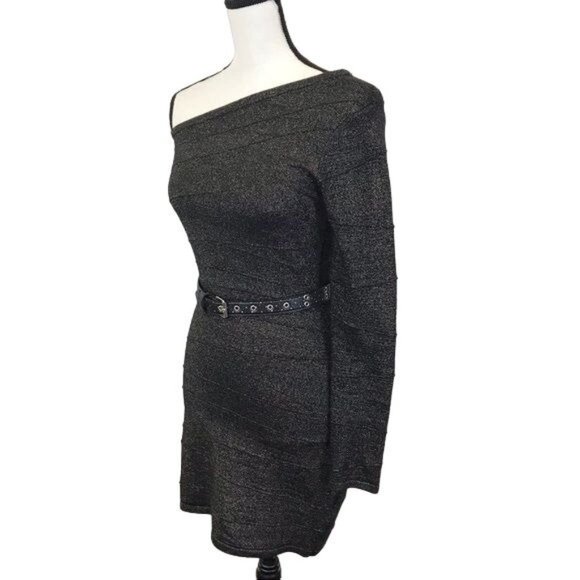 Forever 21 Womens Black Silver Shimmering One Shoulder Sweater Dress Size M - Picture 2 of 8